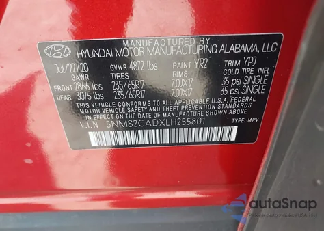 2020 Hyundai Santa Fe Se z USA, uszkodzony, nr VIN 5NMS2CADXLH255801